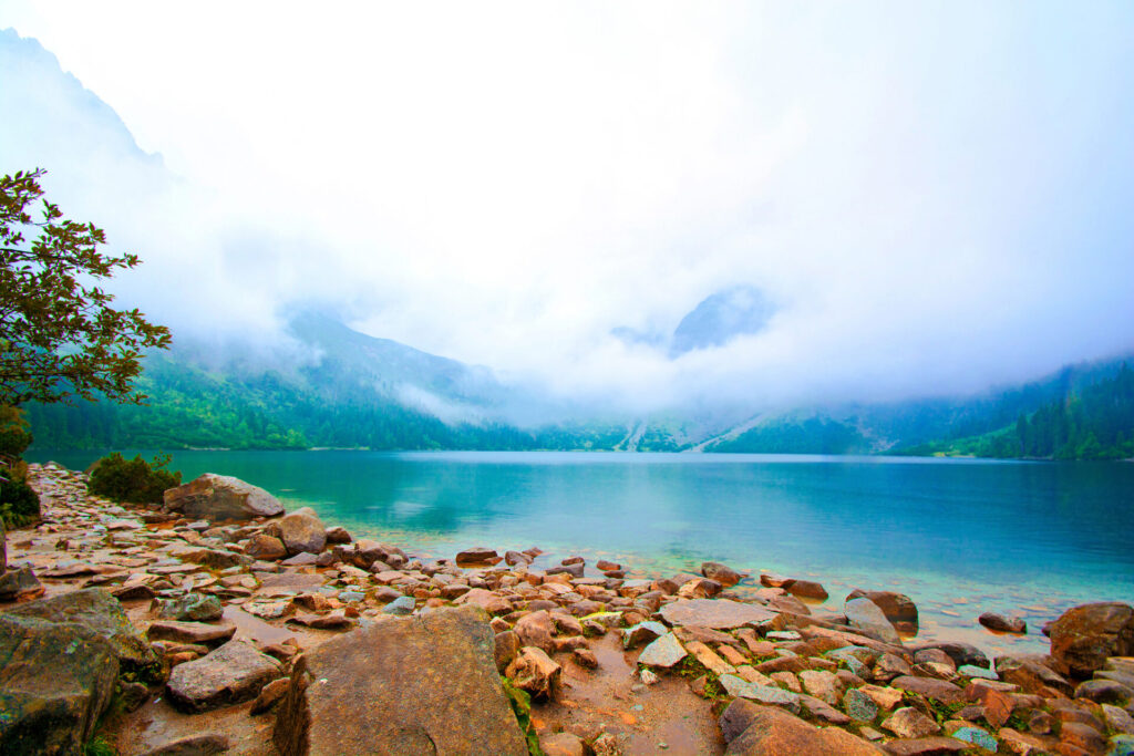 Klares, türkisfarbenes Wasser eines Bergsees, umgeben von nebelverhangenen Wäldern und Gipfeln.