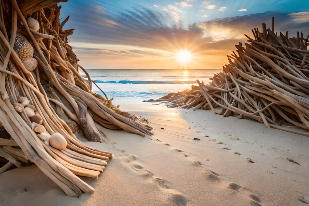 Kunstvolle Treibholz-Skulpturen an einem Sandstrand bei Sonnenuntergang mit Blick auf das Meer.