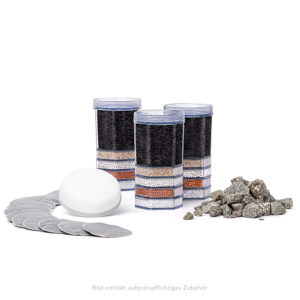 Jahresvorrat an Wasserfilter-Zubehör, bestehend aus drei mehrstufigen Filterkartuschen, einem Keramik-Vorfilter, einem Satz Kalkfilter-Pads und Mineralsteinen zur Wasseraufbereitung.