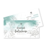 Zwei Geschenkgutscheine von Lotus Vita mit floralem Design und türkisfarbenem Aquarell-Hintergrund.