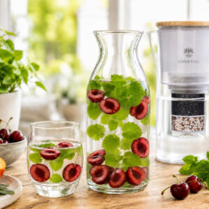 Eine Glaskaraffe und ein Glas mit erfrischendem Wasser, verfeinert mit Kirschen und Zitronenmelisse, neben einem Wasserfilter-Krug von Lotus Vita.