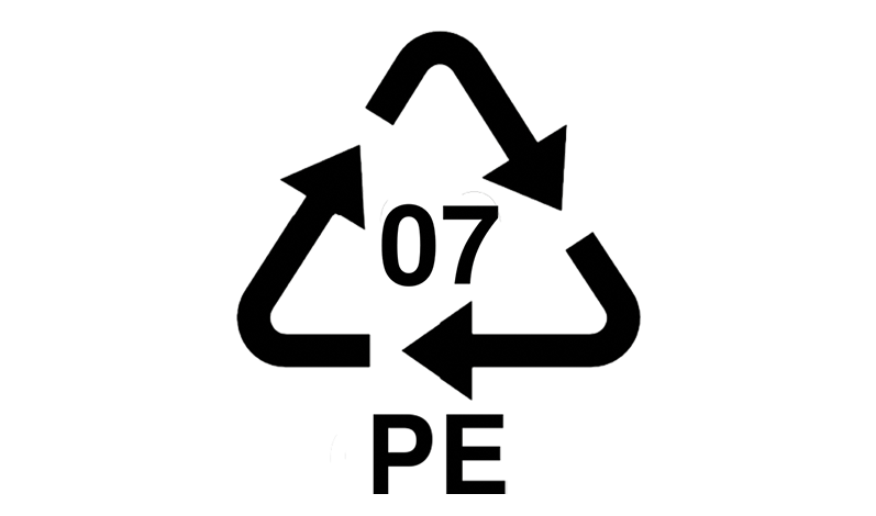 Schwarzes Recyclingsymbol mit der Ziffer 07 und der Kennzeichnung PE für Polyethylen.